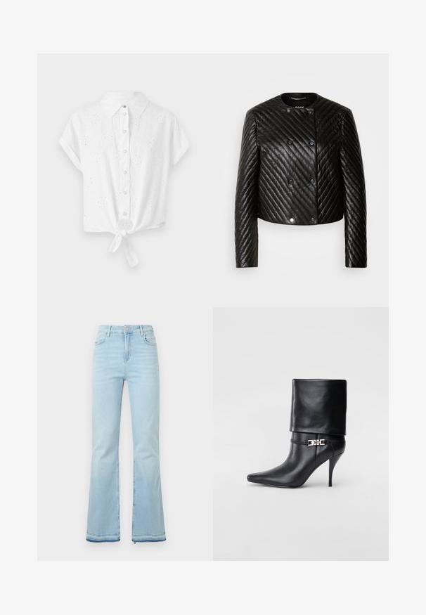 Chaqueta de cuero acolchada negra con cuello redondo, mangas largas y cierres a presión, con patrones de costura en diagonal y un diseño corto.; Camisa blanca de manga corta con cuello, botones en la parte delantera y un dobladillo anudado. Presenta un diseño de bordado de ojetes para añadir textura y detalle.; Pantalones de mezclilla acampanados de color azul claro, con una cintura alta, bolsillos frontales y un dobladillo sin rematar en los puños para un look casual.; Botín de cuero negro hasta el tobillo con punta afilada, tacón alto de aguja, puño doblado y un detalle decorativo de hebilla dorada en el tobillo.