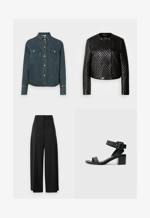 Black quilted leather jacket featuring a round neck, long sleeves, and snap fasteners, with diagonal stitching patterns and a cropped design.; Denim shirt with a collared neckline, long sleeves, two chest pockets, and front button closure. Dark blue color with faded texture.; Black wide-leg trousers with a high waist and a belt. Features a smooth texture and clean lines, designed for a relaxed fit.; Black leather heeled sandal with adjustable ankle strap, open toe design, and a square block heel. Smooth texture, minimalistic style.