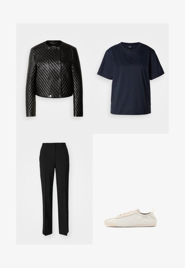 Schwarze gesteppte Lederjacke mit Rundhalsausschnitt, langen Ärmeln und Druckknöpfen, diagonal verlaufenden Nähten und einer verkürzten Passform.; Marineblaues T-Shirt mit kurzen Ärmeln aus weicher Baumwolle. Hat einen runden Halsausschnitt und ein dezentes gesticktes Logo auf der Brust.; Schwarze, taillierte Hose mit geradem Bein, aus einem glatten Stoff und mit klaren Falten an der Vorderseite. Keine sichtbare Hardware.; Cremfarbene Lederturnschuhe mit runder Zehenform, Schnürdesign, strukturierten Akzenten und einer strukturierten Gummi-Sohle mit Zickzack-Traktionsmuster.