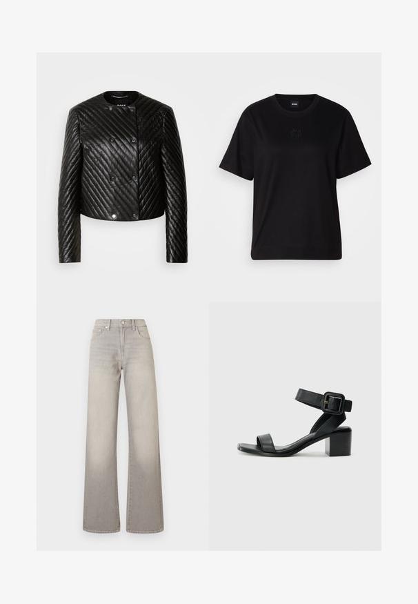 Črna prešita usnjena jakna z okroglim ovratnikom, dolgimi rokavi in snap gumbi, z diagoalnimi šivi in skrajšanim dizajnom.; Črna bombažna majica s krožnim izrezom, kratkimi rokavi in izvezenim logotipom na prsih. Preprosta, sproščena silhueta brez vzorcev.; Sive široke jeans hlače z utonulim zaključkom, z gumbom za zapiranje, petimi žepi in šiviljskim detajlom ob šivih.; Črne usnjene sandale na visoki peti z nastavljivim gležnjanjem, odprto obliko spredaj in kvadratno blok peto. Gladka tekstura, minimalističen slog.