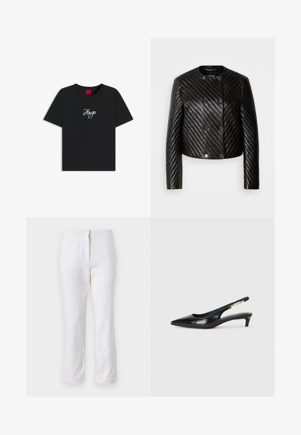 Chaqueta de cuero acolchada negra con cuello redondo, mangas largas y cierres a presión, con patrones de costura en diagonal y un diseño corto.; Camiseta de algodón negra con cuello redondo y mangas cortas. Destaca el logo bordado en blanco "Hugo" en el frente.; Pantalones de algodón blancos con un diseño de pierna recta, que cuentan con una cintura de media altura y sin herrajes o patrones visibles. Textura suave en todo su recorrido.; Tacones negros de piel sintética tipo slingback con punta afilada, que cuentan con un tacón delgado y un detalle en tono dorado en la correa ajustable. Textura suave.