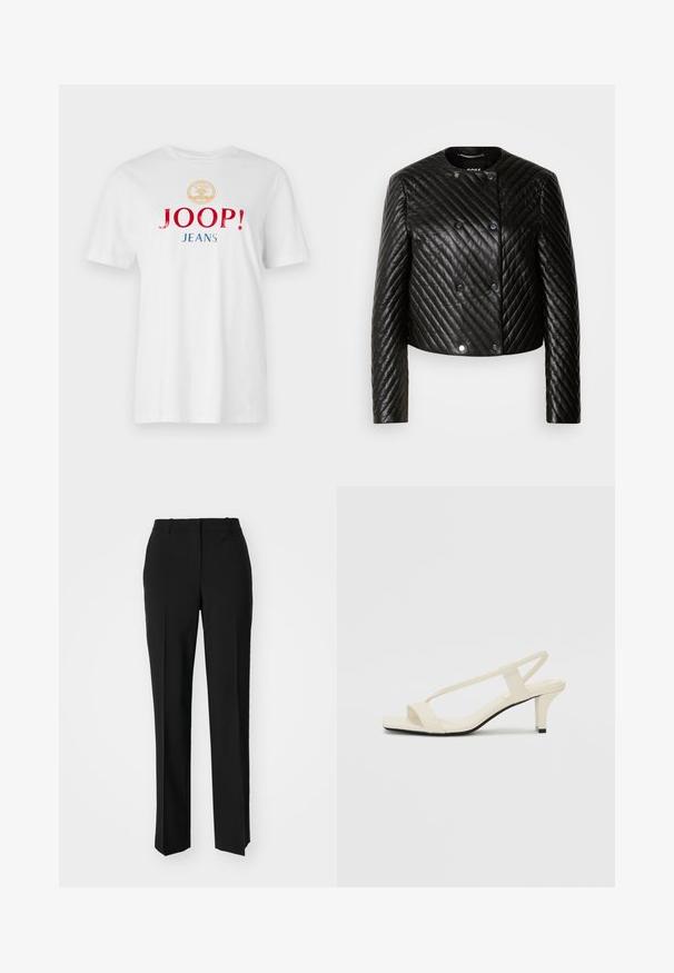 Black quilted leather jacket featuring a round neck, long sleeves, and snap fasteners, with diagonal stitching patterns and a cropped design.; White cotton t-shirt featuring a round neckline, short sleeves, and bold multicolored text: "JOOP!" in red and "JEANS" in blue below a gold emblem.; Black tailored trousers with a straight-leg design, featuring a smooth texture and crisp creases along the front. No visible hardware.; Beige block-heeled sandals with thin straps and a square toe. Smooth material with minimal detailing, designed for easy wear.
