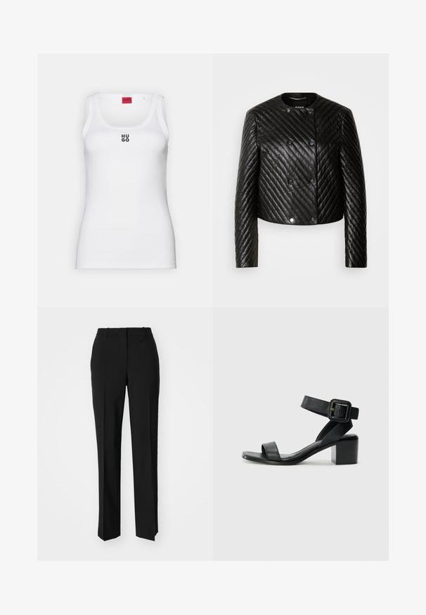 Čierna prešívaná kožená bunda s okrúhlym výstrihom, dlhými rukávmi a cvokmi, s diagonálnym prešívaním a skráteným strihom.; Biely tielko z bavlny, s jednoduchým dizajnom a zaobleným výstrihom, s čiernym logom "HUGO" v strede. Hladká textúra.; Čierne krajčírské nohavice so strihom rovného nohu, s hladkou textúrou a ostrými skladmi pozdĺž prednej časti. Žiadne viditeľné hardvér.; Čierne kožené sandále na podpätku s nastaviteľným popruhom okolo členka, otvorenou špičkou a štvorcovým blokovým podpätkom. Hladká textúra, minimalistický štýl.