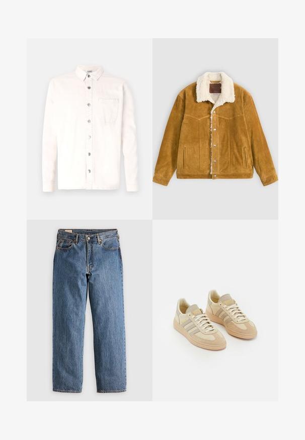 Jachetă din suede maro cu un guler pufoș de culoare crem, închidere cu capse și detalii cusute pe buzunarele din față.; Denim Project STITCH DETAIL - Cămașă - jet stream; Jeans din denim albastru cu croială dreaptă, având o talie înaltă, cu nituri din cupru și cusături portocalii. Include buzunare în față și în spate.; Tenisi bej deschis din suede și materiale textile, cu trei dungi gri, accente texturate și o talpă din cauciuc bej. Sforile sunt albe.