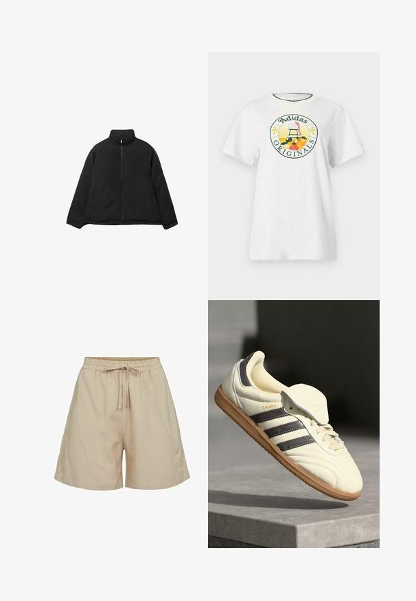 Giacca a puffo nera con zip, colletto alto e due tasche frontali, esposta su uno sfondo bianco.; T-shirt bianca in cotone a maniche corte, con un logo grafico rotondo in verde e giallo, che mostra "Adidas Originals" e disegni di frutta.; Pantaloni corti beige in tessuto leggero con vita elasticizzata e lacci. Presentano una vestibilità comoda e tasche laterali. Texture liscia.; Sneaker in pelle crema con tre strisce scure, suola in gomma marrone e punta arrotondata. Presenta una linguetta pieghevole etichettata "SAMBA".