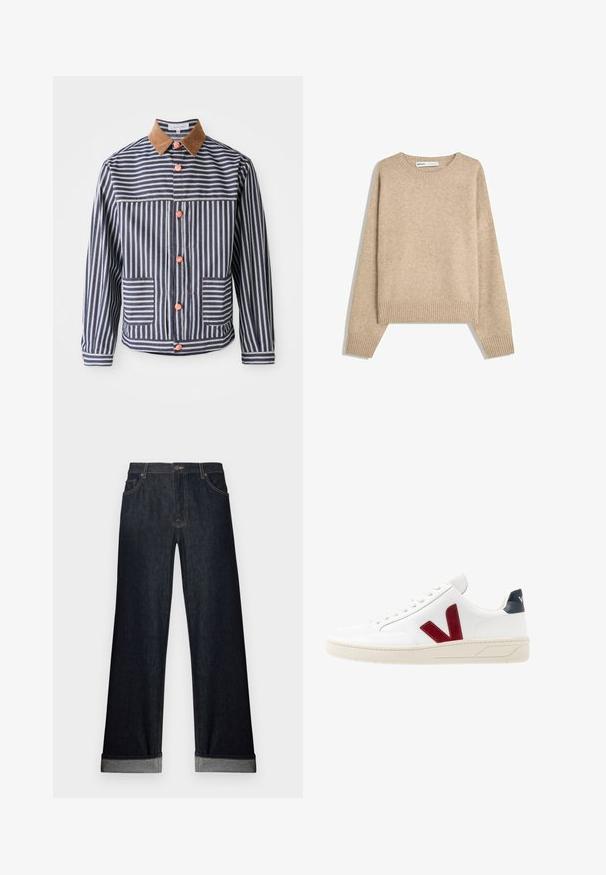 Jachetă striped cu dungi verticale albastre și albe, guler din suede maro, butoane roz și două buzunare frontale. Proiectată cu o croială casual.; Pulover bej din tricot moale, texturat. Prezintă un decolteu rotund, manșete cu nervuri și un tiv scurt, cu umeri căzuți.; Jeans din denim închis la culoare, cu picioare largi, tivuri cu ruloare, închidere cu nasture și buzunare frontale. Materialul are o textură netedă, cu detalii de cusătură subtile.; Sneaker din piele albă cu un logo roșu "V" din cauciuc, șireturi texturate albe și un tab de călcâi bleu. Prezintă o talpă din cauciuc de culoare crem.