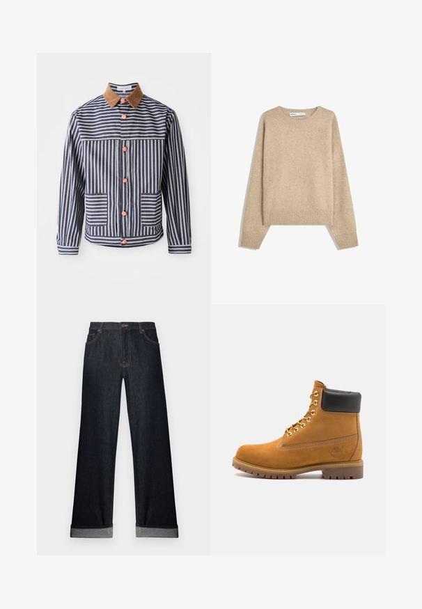 Gestreepte blazer met blauwe en witte verticale lijnen, bruine suède kraag, roze knopen en twee voorkiezen. Ontworpen met een casual pasvorm.; Beige sweater gemaakt van zachte, gestructureerde brei. Heeft een ronde halslijn, geribbelde manchetten en een verkorte zoom met verlaagde schouders.; Brede donkere denim jeans met een omgeslagen zoom, knoopsluiting en voorkruiden. De stof heeft een gladde textuur met subtiele stikseldetails.; Tan suède enkelboot met zwart gevoerd kraagje, gouden metalen oogjes, witte stikdetails en een robuuste rubberen zool met uitgesproken profiel.