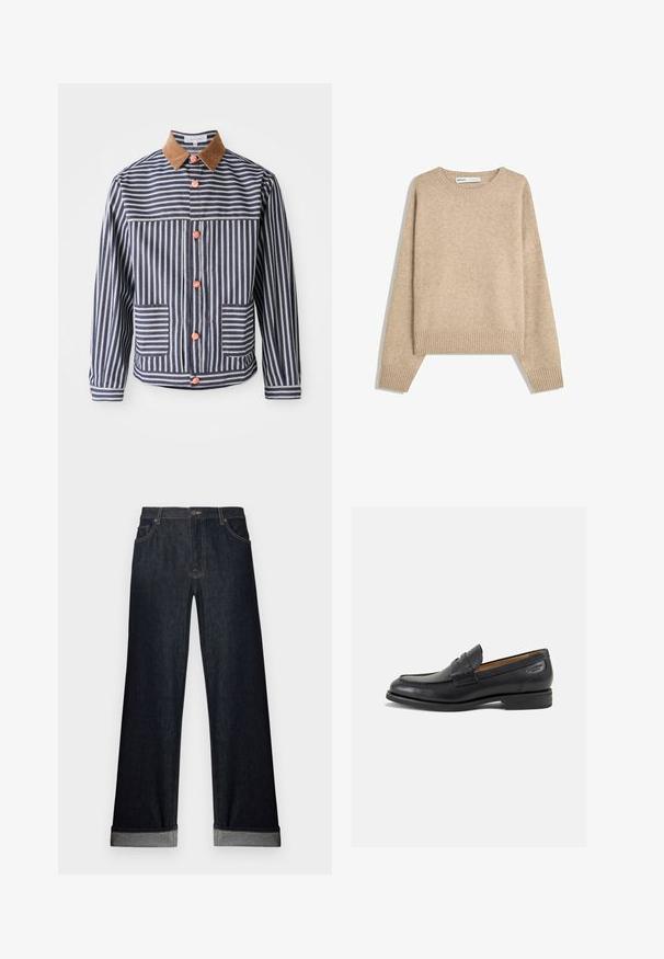 Gestreepte blazer met blauwe en witte verticale lijnen, bruine suède kraag, roze knopen en twee voorkiezen. Ontworpen met een casual pasvorm.; Beige sweater gemaakt van zachte, gestructureerde brei. Heeft een ronde halslijn, geribbelde manchetten en een verkorte zoom met verlaagde schouders.; Brede donkere denim jeans met een omgeslagen zoom, knoopsluiting en voorkruiden. De stof heeft een gladde textuur met subtiele stikseldetails.; Zwarte leren loafers met een gladde afwerking, ronde neus en decoratieve stiksels op de wreef. Lage gestapelde hak en een lichte glans.