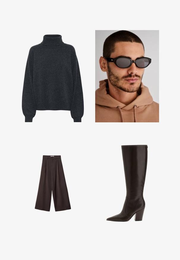 Hnedá kožená bunda s hladkým povrchom, so zapínaním na zips a dvoma bočnými vreckami. Má klasický golier a dlhé rukávy.; Gestuz MANZI ROLLNECK - Svetrík - deep graphite; Čierne široké nohavice s vysokým pásom, so záhybmi vpredu a zapínaním na gombík v páse, vyrobené z hladkého materiálu.; Hnedá kožená čižma po kolená s špicatou špičkou a blokovým opätkom. Má hladký povrch a bočný zips pre jednoduché obutie.; Čierne slnečné okuliare s oválnym tvarom šošoviek, tmavo tónovanými sklami a hrubým rámom. Jemné zlaté kovové detaily na spánkoch.; Čierna tkaná kabelka s zaobleným tvarom, textúrovaným povrchom a jedným horným uchom. Vyznačuje sa štýlovým, minimalistickým dizajnom bez viditeľných kovových prvkov.