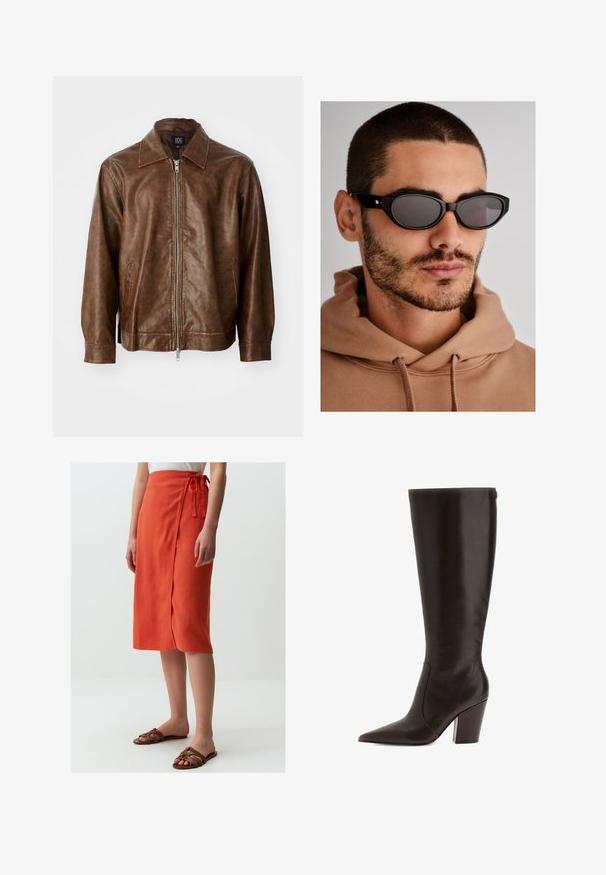 Brązowa skórzana kurtka o gładkiej fakturze, z zapięciem na suwak i dwoma bocznymi kieszeniami. Posiada klasyczny kołnierzyk i długie rękawy.; Burgundowa bluzka z długim rękawem, wykonana z miękkiego materiału, z szerokim okrągłym dekoltem i lekko zaokrąglonym dołem, zapewniająca luźny krój.; Jimmy Key - Spódnica trapezowa; Brązowe skórzane botki do kolan z szpiczastym noskiem i blokowym obcasem. Posiadają gładką fakturę i boczny zamek błyskawiczny dla łatwego zakładania.; Czarne okulary przeciwsłoneczne o owalnym kształcie soczewek, ciemnych szkłach i grubym miejscu. Dyskretne złote akcenty na zausznikach.; Czarna pleciona torebka o zaokrąglonym kształcie, teksturowanej powierzchni i pojedynczym uchwycie. Posiada elegancki, minimalistyczny design bez widocznego okucia.