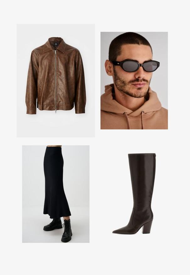 Veste en cuir marron avec une texture lisse, fermeture éclair et deux poches latérales. Elle présente un col classique et des manches longues.; Haut à manches longues bourgogne en tissu doux, avec un large col rond et un ourlet légèrement incurvé pour une coupe confortable.; Jupe midi noire tricotée avec un ourlet évasé et une texture côtelée, associée à des bottes de combat noires à lacets. Silhouette élégante, sans motifs visibles.; Botte en cuir marron, haute jusqu'au genou, avec un bout pointu et un talon carré. Elle présente une texture lisse et une fermeture éclair sur le côté pour un enfilage facile.; Lunettes de soleil noires avec une forme de lentille ovale, des verres teintés foncés et une monture épaisse. Subtiles accents en métal doré sur les branches.; Sac à main noir tissé avec une forme arrondie, une surface texturée et une poignée supérieure unique. Il présente un design élégant et minimaliste sans quincaillerie visible.