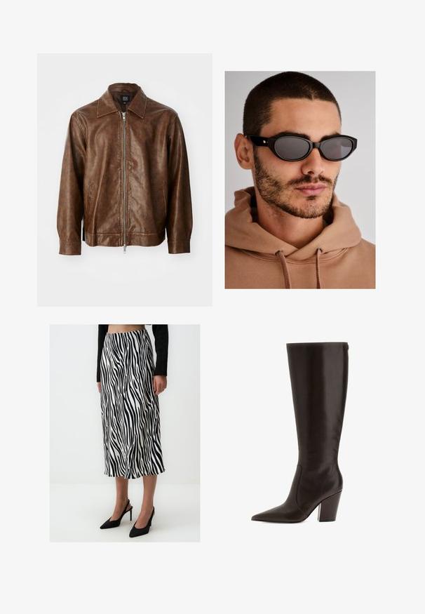 Brązowa skórzana kurtka o gładkiej fakturze, z zapięciem na suwak i dwoma bocznymi kieszeniami. Posiada klasyczny kołnierzyk i długie rękawy.; Burgundowa bluzka z długim rękawem, wykonana z miękkiego materiału, z szerokim okrągłym dekoltem i lekko zaokrąglonym dołem, zapewniająca luźny krój.; Spódnica w czarno-białe paski zebry, wykonana z lekkiego materiału, charakteryzująca się zwiewnym krojem o długości do kolan, zestawiona z czarnymi szpilkami o spiczastym nosku.; Brązowe skórzane botki do kolan z szpiczastym noskiem i blokowym obcasem. Posiadają gładką fakturę i boczny zamek błyskawiczny dla łatwego zakładania.; Czarne okulary przeciwsłoneczne o owalnym kształcie soczewek, ciemnych szkłach i grubym miejscu. Dyskretne złote akcenty na zausznikach.; Czarna pleciona torebka o zaokrąglonym kształcie, teksturowanej powierzchni i pojedynczym uchwycie. Posiada elegancki, minimalistyczny design bez widocznego okucia.