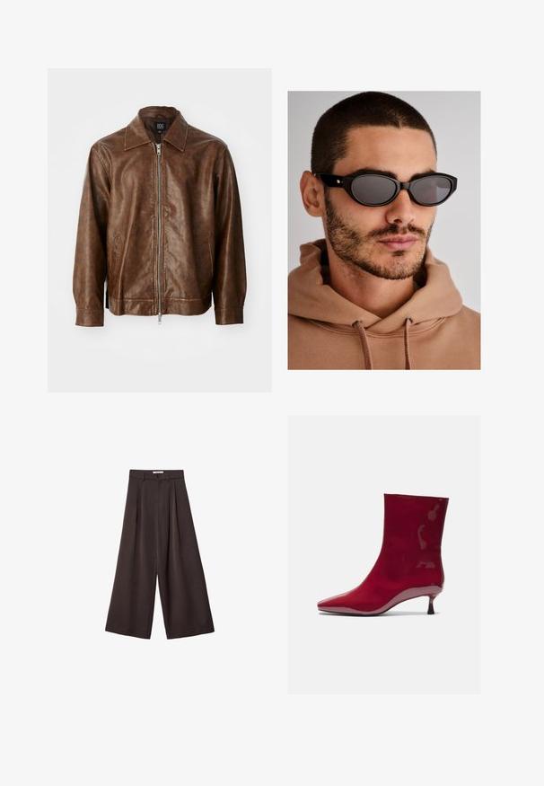 Brązowa skórzana kurtka o gładkiej fakturze, z zapięciem na suwak i dwoma bocznymi kieszeniami. Posiada klasyczny kołnierzyk i długie rękawy.; Burgundowa bluzka z długim rękawem, wykonana z miękkiego materiału, z szerokim okrągłym dekoltem i lekko zaokrąglonym dołem, zapewniająca luźny krój.; Czarne spodnie z szerokimi nogawkami i wysokim stanem, z plisami z przodu oraz zapięciem na guzik w talii, wykonane z gładkiego materiału.; Czerwone lakierowane botki za kostkę z ostrym noskiem i niskim, cylindrycznym obcasem. Gładka powierzchnia ma błyszczące wykończenie.; Czarne okulary przeciwsłoneczne o owalnym kształcie soczewek, ciemnych szkłach i grubym miejscu. Dyskretne złote akcenty na zausznikach.; Czarna pleciona torebka o zaokrąglonym kształcie, teksturowanej powierzchni i pojedynczym uchwycie. Posiada elegancki, minimalistyczny design bez widocznego okucia.
