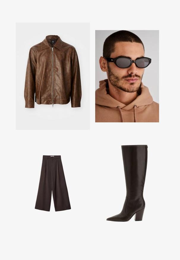 Braune Lederjacke mit glatter Textur, Reißverschluss und zwei seitlichen Taschen. Verfügt über einen klassischen Kragen und lange Ärmel.; Burgunderfarbenes Langarmshirt aus weichem Stoff, mit weitem, rundem Ausschnitt und leicht geschwungenem Saum für eine entspannte Passform.; Schwarze, weit geschnittene Hose mit hoher Taille, ausgestattet mit vorderen Falten und einem Knopfverschluss an der Taille, aus glattem Stoff gefertigt.; Braune Lederstiefel bis zum Knie mit spitzem Zehenbereich und Blockabsatz. Verfügt über eine glatte Textur und einen seitlichen Reißverschluss für einfaches An- und Ausziehen.; Schwarze Sonnenbrille mit ovaler Linsenform, dunkel getönten Gläsern und einem dicken Rahmen. Dezente goldene Hardware-Akzente an den Bügeln.; Schwarze gewebte Handtasche mit runder Form, strukturiertem Oberflächenfinish und einem einzigen oberen Griff. Verfügt über ein elegantes, minimalistisches Design ohne sichtbare Beschläge.