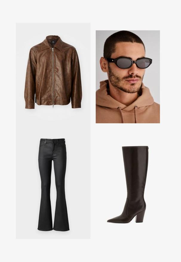 Giacca di pelle marrone con una texture liscia, chiusura con zip e due tasche laterali. Presenta un colletto classico e maniche lunghe.; Maglietta bordeaux a maniche lunghe realizzata in tessuto morbido, caratterizzata da un ampio scollo circolare e un orlo leggermente curvo per un fit rilassato.; Jeans neri a gamba ampia con una texture in denim liscia, caratterizzati da vita media, passanti per cintura e tasche frontali. La gamba si allarga all'orlo.; Stivale alto in pelle marrone con punta affusolata e tacco a blocco. Presenta una texture liscia e una cerniera laterale per una facile calzata.; Occhiali da sole neri con forma delle lenti ovale, lenti scure e montatura spessa. Accenti sottili di hardware dorato sulle aste.; Borsa a mano nera intrecciata con forma arrotondata, superficie testurizzata e un solo manico superiore. Presenta un design elegante e minimalista senza hardware visibile.