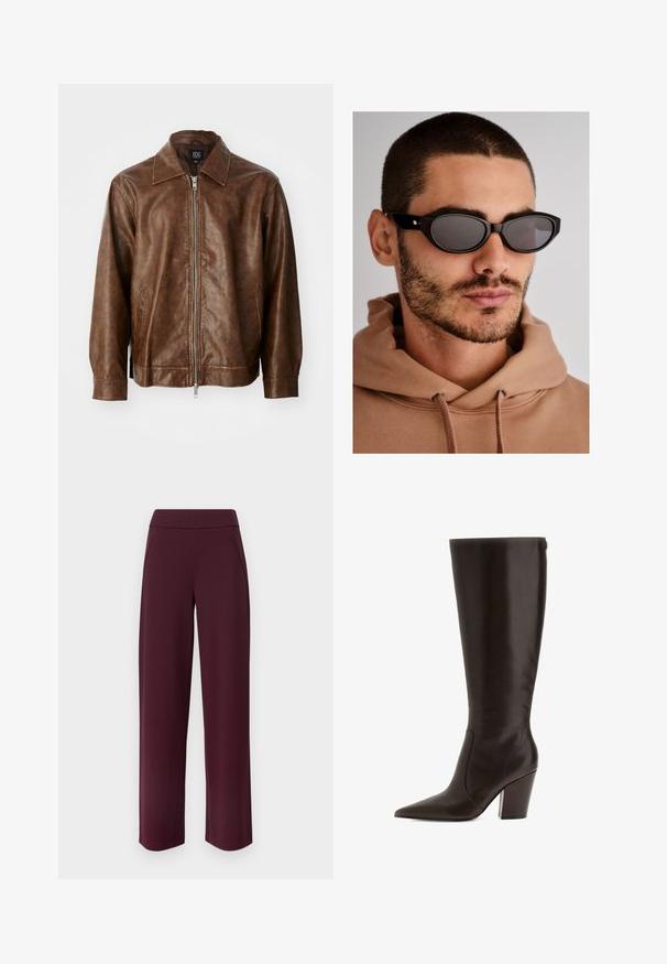 Rjava usnjena jakna z gladko teksturo, zadrgo in dvema stranskima žepoma. Ima klasičen ovratnik in dolge rokave.; Burgundska dolga majica z dolgimi rokavi, izdelana iz mehkega materiala, z širokim krožnim izrezom in rahlo ukrivljenim robom za sproščen fit.; JDY JDYLOUISVILLE CATIA WIDE PANT - Hlače - wine tasting; Rjave usnjene škornje do kolen s koničastim nosom in blok peto. Imajo gladko teksturo in stranski zadrgo za enostavno obuvanje.; Črne sončne očala z ovalno obliko leč, temno zatemnjenimi lečami in debelim okvirjem. Diskretni zlatni detajli na ušesnih delih.; Črna pletena torbica za roke okrogle oblike, z teksturirano površino in enim zgornjim ročajem. Ima eleganten, minimalističen dizajn brez vidnih elementov.