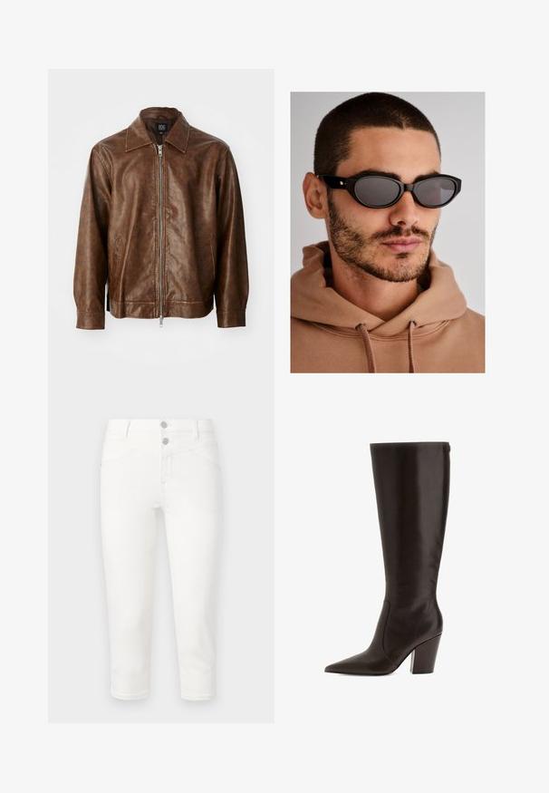 Hnedá kožená bunda s hladkým povrchom, so zapínaním na zips a dvoma bočnými vreckami. Má klasický golier a dlhé rukávy.; Bordový top s dlhým rukávom vyrobený z mäkkej tkaniny, s širokým kruhovým výstrihom a mierne zakriveným spodným okrajom pre uvoľnený strih.; Biele skrátené džínsy vyrobené z bavlnenej zmesi. Obsahujú dve predné vrecká, dve zadné vrecká a hladký povrch. Kovové zapínanie na gombík.; Hnedá kožená čižma po kolená s špicatou špičkou a blokovým opätkom. Má hladký povrch a bočný zips pre jednoduché obutie.; Čierne slnečné okuliare s oválnym tvarom šošoviek, tmavo tónovanými sklami a hrubým rámom. Jemné zlaté kovové detaily na spánkoch.; Čierna tkaná kabelka s zaobleným tvarom, textúrovaným povrchom a jedným horným uchom. Vyznačuje sa štýlovým, minimalistickým dizajnom bez viditeľných kovových prvkov.