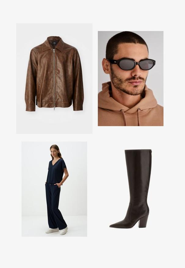 Braune Lederjacke mit glatter Textur, Reißverschluss und zwei seitlichen Taschen. Verfügt über einen klassischen Kragen und lange Ärmel.; Burgunderfarbenes Langarmshirt aus weichem Stoff, mit weitem, rundem Ausschnitt und leicht geschwungenem Saum für eine entspannte Passform.; Marineblaues, kurzärmeliges V-Ausschnitt-Oberteil kombiniert mit locker sitzenden, passenden Hosen. Weicher, leichter Stoff mit Seitentaschen und bequemer Passform.; Braune Lederstiefel bis zum Knie mit spitzem Zehenbereich und Blockabsatz. Verfügt über eine glatte Textur und einen seitlichen Reißverschluss für einfaches An- und Ausziehen.; Schwarze Sonnenbrille mit ovaler Linsenform, dunkel getönten Gläsern und einem dicken Rahmen. Dezente goldene Hardware-Akzente an den Bügeln.; Burgunderfarbene Handtasche aus synthetischem Material mit strukturiertem Design, ausgestattet mit einem abnehmbaren Trageriemen und einem blumenmusternden Schal, der am Griff gebunden ist.