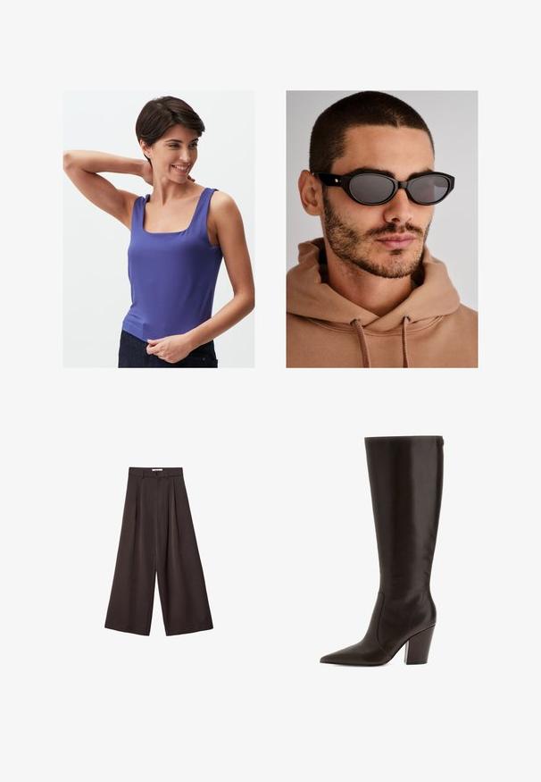 Braune Lederjacke mit glatter Textur, Reißverschluss und zwei seitlichen Taschen. Verfügt über einen klassischen Kragen und lange Ärmel.; Lila ärmelloses Tanktop mit Quadrat Ausschnitt, aus einem glatten Stoff gefertigt, mit figurbetontem Schnitt und klarer, schlichter Designsprache.; Schwarze, weit geschnittene Hose mit hoher Taille, ausgestattet mit vorderen Falten und einem Knopfverschluss an der Taille, aus glattem Stoff gefertigt.; Braune Lederstiefel bis zum Knie mit spitzem Zehenbereich und Blockabsatz. Verfügt über eine glatte Textur und einen seitlichen Reißverschluss für einfaches An- und Ausziehen.; Schwarze Sonnenbrille mit ovaler Linsenform, dunkel getönten Gläsern und einem dicken Rahmen. Dezente goldene Hardware-Akzente an den Bügeln.; Schwarze gewebte Handtasche mit runder Form, strukturiertem Oberflächenfinish und einem einzigen oberen Griff. Verfügt über ein elegantes, minimalistisches Design ohne sichtbare Beschläge.