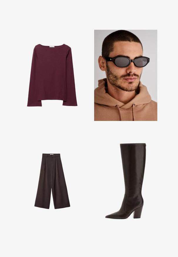 Hnedá kožená bunda s hladkým povrchom, so zapínaním na zips a dvoma bočnými vreckami. Má klasický golier a dlhé rukávy.; Bordový top s dlhým rukávom vyrobený z mäkkej tkaniny, s širokým kruhovým výstrihom a mierne zakriveným spodným okrajom pre uvoľnený strih.; Čierne široké nohavice s vysokým pásom, so záhybmi vpredu a zapínaním na gombík v páse, vyrobené z hladkého materiálu.; Hnedá kožená čižma po kolená s špicatou špičkou a blokovým opätkom. Má hladký povrch a bočný zips pre jednoduché obutie.; Čierne slnečné okuliare s oválnym tvarom šošoviek, tmavo tónovanými sklami a hrubým rámom. Jemné zlaté kovové detaily na spánkoch.; Čierna tkaná kabelka s zaobleným tvarom, textúrovaným povrchom a jedným horným uchom. Vyznačuje sa štýlovým, minimalistickým dizajnom bez viditeľných kovových prvkov.