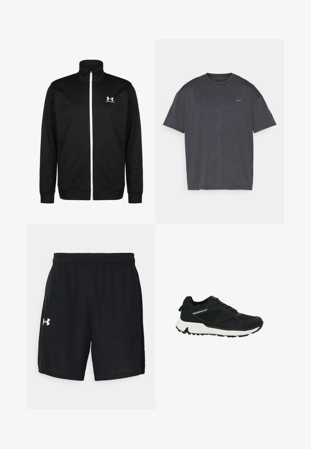 Schwarze Zip-Up-Jacke aus glattem Stoff mit Stehkragen, weißem Reißverschluss und kleinem weißen Logo auf der linken Brust.; Dunkelgraues T-Shirt mit kurzen Ärmeln, aus Baumwolle, mit Rundhalsausschnitt und kleinem Logo auf der Vorderseite. Weiche Textur und lässiger Schnitt.; Schwarze Sportshorts aus leichtem Material mit elastischem Bund und einem weißen Logo auf der linken Seite.; Schwarzer Sportschuh mit strukturiertem Stoffoberteil und weißer Sohle. Verfügt über eine abgerundete Zehenpartie, ein Schnürsystem und seitliche Markenkennzeichnung "SWEDEMOUNT."