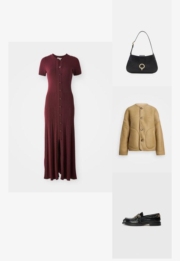 Veste en cuir beige avec une texture douce, présentant un col rond, deux poches avant et une fermeture à bouton. Design simple et structuré.; Robe maxi côtelée bordeaux avec manches courtes, col rond et ouverture boutonnée sur le devant. Avec une fente centrale et un motif texturé.; Mocassins en cuir noir avec une finition brillante, dotés de deux boucles dorées et d'un talon bas. Texture lisse avec un design à bout arrondi.; Sac à main en cuir noir avec une silhouette arrondie, une courte bandoulière, un matériel doré central et une texture lisse. Aucun motif ni accent visible.