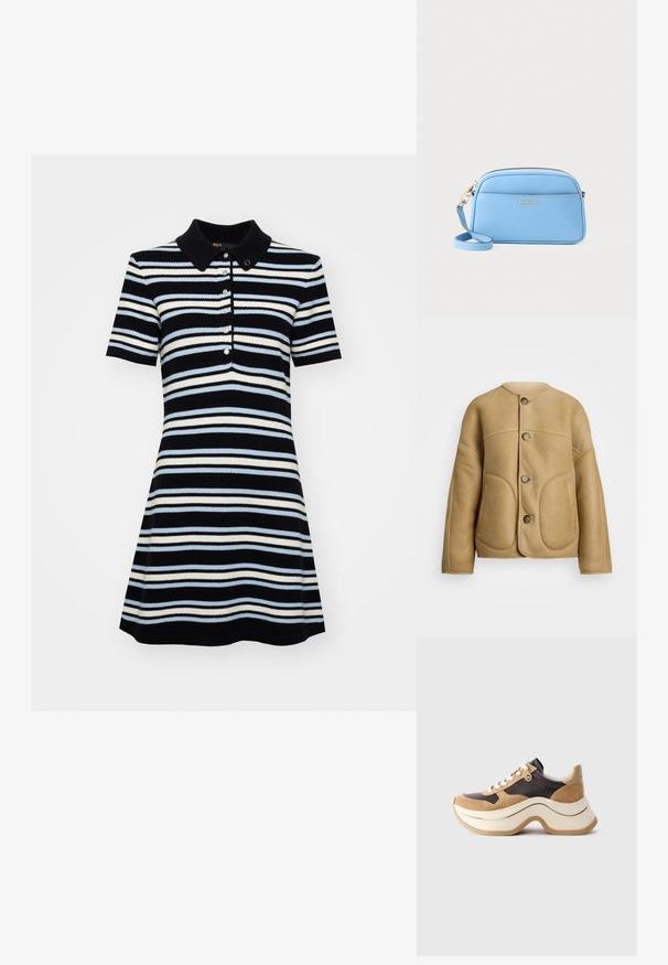Beige kožená bunda s jemnou texturou, kulatým límcem, dvěma předními kapsami a upevněním na knoflíky. Jednoduchý, strukturovaný design.; Kratší polo šaty s přiléhavým korzetem a rozšířenou sukní, se námořnickou, světle modrou a bílou vodorovnou pruhovanou vzorováním a třemi knoflíky.; Sněrovací tenisky s robustní podrážkou v béžové a tmavě hnědé barvě, s semišovými akcenty, bílými tkaničkami a malým zlatým přívěskem MK na boku.; Svetle modrá kožená crossbody taška se zlatými kovovými doplňky, zipovým uzávěrem a přední kapsou. Obsahuje nastavitelné ramenní popruh pro pohodlí.