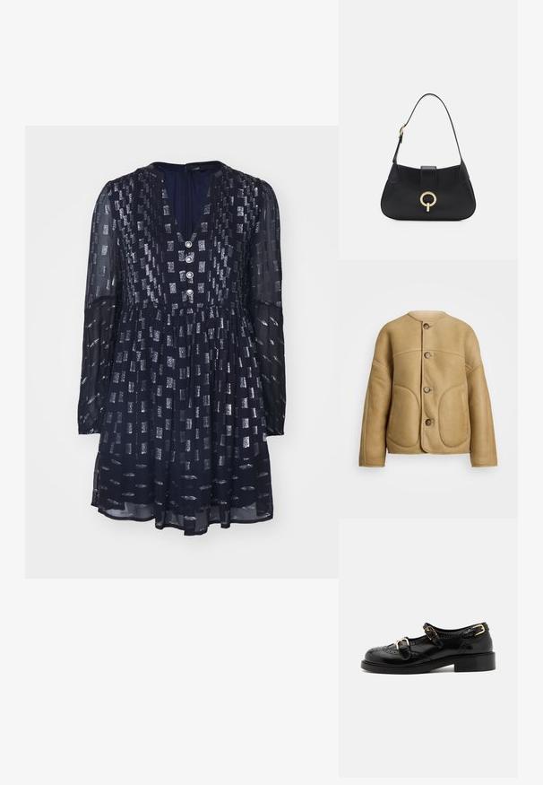 Beige kožená bunda s jemnou texturou, kulatým límcem, dvěma předními kapsami a upevněním na knoflíky. Jednoduchý, strukturovaný design.; Tmavě modré šaty s dlouhými rukávy, výstřihem do V, stříbrnými obdélníkovými vzory a třemi dekorativními knoflíky vpředu. Průhledná látka. Rozšířená sukně.; Černé kožené boty s brogue detaily, vybavené dvěma sponami, zaoblenou špičkou a nízkým podpatkem. Hladký povrch s lesklým finišem.; Černá kožená kabelka s zakřiveným siluetou, krátkým popruhem, centrálním zlatým kováním a hladkým povrchem. Bez viditelných vzorů nebo akcentů.