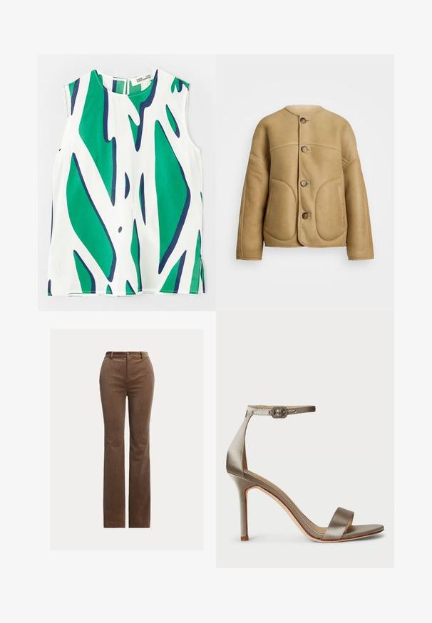 Beige nahkjack, millel on pehme tekstuur, ümmargune krae, kaks esist pocketit ja nööbist sulgemine. Lihtne, struktureeritud disain.; Varrukateta topp kerge kangast, millel on julge roheline ja mereväe sinine abstraktne muster valge tausta peal. Ümar kaelus ning lukuga selg.; Pruunid korduvad püksid sirge jala disainiga, millel on vööaasad, ettepoole avatud taskud ja peen vertikaalne soonik tekstuuri jaoks.; Hõbe satäänist kõrge kontsaga sandaalid, millel on pahkluu rihm ja dekoratiivne pandlaelement. Avatud varvas ja peen, voolujooneline disain.