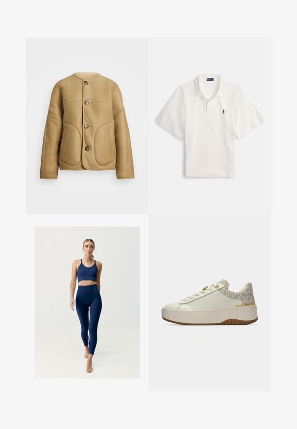 Smėlinė odinė striukė su švelnia tekstūra, turinti apvalų apykaklę, dvi priekinės kišenes ir sagų užsegimą. Paprastas, struktūruotas dizainas.; Baltas medvilninis polo marškinėlis su apykakle, dviem mygtukais priekyje ir mažyliu tamsiai mėlynu logotipu kairėje krūtinės pusėje.; Tamsiai mėlynas sportinis komplektas, kuriame yra trumpa liemenėlė su plonomis petnešėlėmis ir aukštu juosmeniu kelnaitės, pagamintos iš lygaus, elastingo audinio.; Balta sportinė avalynė su lygiu odiniu viršumi ir raštuotu smėlio spalvos audinio kulnu. Turi apvalias raištelius, auksinės spalvos metalines detales ir guminiu padu.