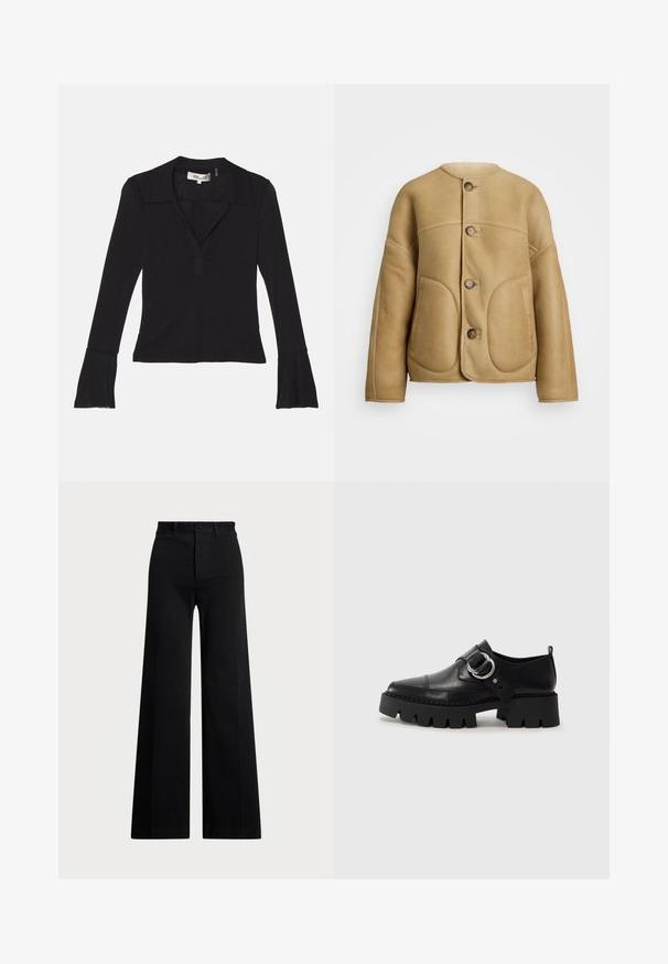 Beige Lederjacke mit weicher Textur, runder Kragen, zwei Fronttaschen und Knopfverschluss. Schlichtes, strukturiertes Design.; Diane von Furstenberg MACKENZIE - Langarmshirt - black; Schwarze weite Hosen aus gewebtem Stoff, mit hoher Taille, vorderem Knopfverschluss und Seitentaschen. Glatte Textur mit klaren Linien.; Schwarze Leder Schuhe mit einer dicken, gerippten Sohle, die mit einer runden silbernen Hardware-Akzent und minimalen Stickdetails ausgestattet sind.