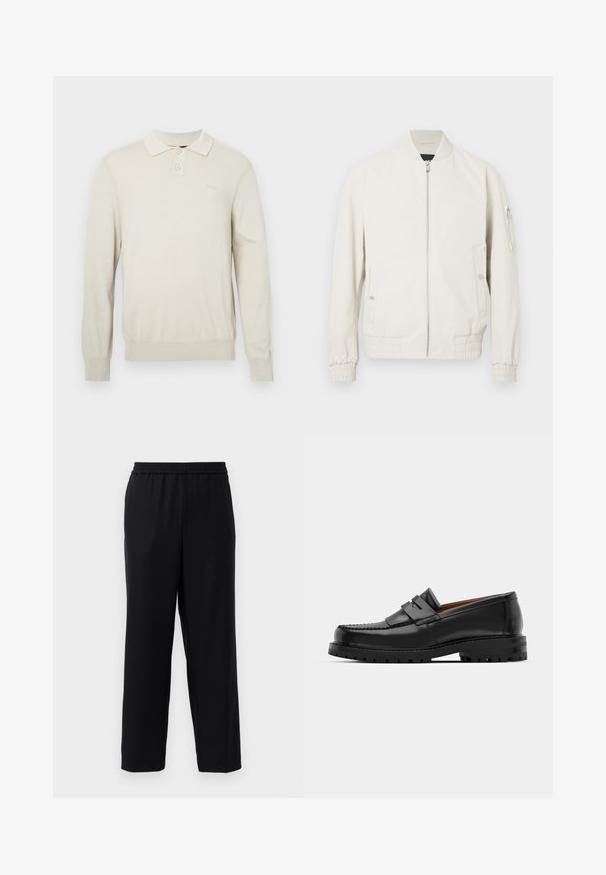 Vaaleanharmaa bomber-takki, jossa on vetoketju etuosa, ribbauskaulus ja hihansuut, kaksi sivutaskua ja vetoketjutasku vasemmassa hihassa. Sileä rakenne.; Kerman pitkähihainen polo-paita pehmeästä neulekankaasta. Siinä on klassinen kaulus, kaksi nappia sekä joustavat hihansuut ja helma. Huomaamaton logo rinnassa.; Mustat housut, joissa on joustava vyötärö, suora lahje ja sileä, kevyesti materiaali. Ei näkyviä taskuja tai kuvioita.; Mustat nahka loafit sisältävät kohoavan sauman, kaksi koristeellista nauhaa yläosassa ja paksun teksturoidun pohjan parempaa pitoa varten.