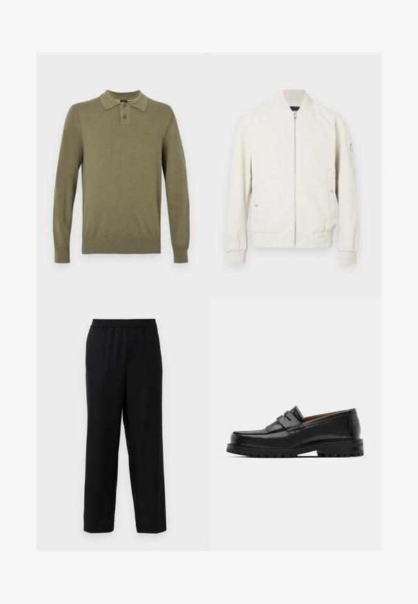 Casaco bomber cinza claro com fecho zipper à frente, gola e punhos canelados, dois bolsos laterais e um bolso com fecho na manga esquerda. Textura suave.; Camisa polo de manga longa verde-azeitona, feita de tecido suave, com colarinho clássico, tapeta de botão de dois botões e punhos e barra canelados.; Calças pretas com uma cinta elástica na cintura, design de perna reta e um tecido leve e liso. Sem bolsos visíveis ou padrões.; Os mocassins de couro preto apresentam uma costura elevada, duas tiras decorativas na parte superior e uma sola grossa e texturizada para maior aderência.