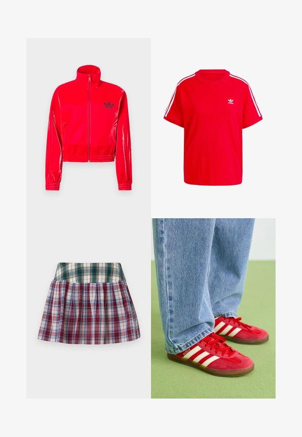 Červená, lesklá bunda na zip s vysokým límcem. Má elastické manžety a spodní lem, zdobené malým černým logem na hrudi.; Červené bavlněné tričko s kulatým výstřihem, krátkými rukávy, bílými třemi pruhy na ramenou a malým bílým logem na hrudi.; Sinead Gorey STRIPED PLEATED MINI SKIRT - Minisukně - green/red; Červené semišové tenisky se třemi bílými pruhy, kulatou špičkou a texturovanou podešví, v kombinaci se světle modrými džíny na zeleném pozadí.