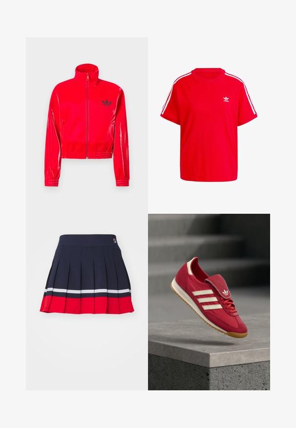 Punainen kiiltävä vetoketjullinen takki, jossa on korkea kaulus. Ominaisuuksiin kuuluvat joustavat hihansuut ja helma, joita koristaa pieni musta logo rinnassa.; Punainen puuvillapaita, jossa on pyöreä kaula-aukko, lyhyet hihat, valkoiset kolmonauhat korostukset olkapäillä sekä pieni valkoinen logo rinnassa.; Navy pleated skirt with a wide waistband, featuring red and white horizontal stripes at the hem and a logo tag on the waistband.; Punainen urheilukenkä, jossa on mokkanahka- ja kangaspäällinen, valkoinen kolmiraidallinen kuvio, pehmustettu kielen osa ja luonnonkuminen ulkopohja. Kelluu betonipinnalla.
