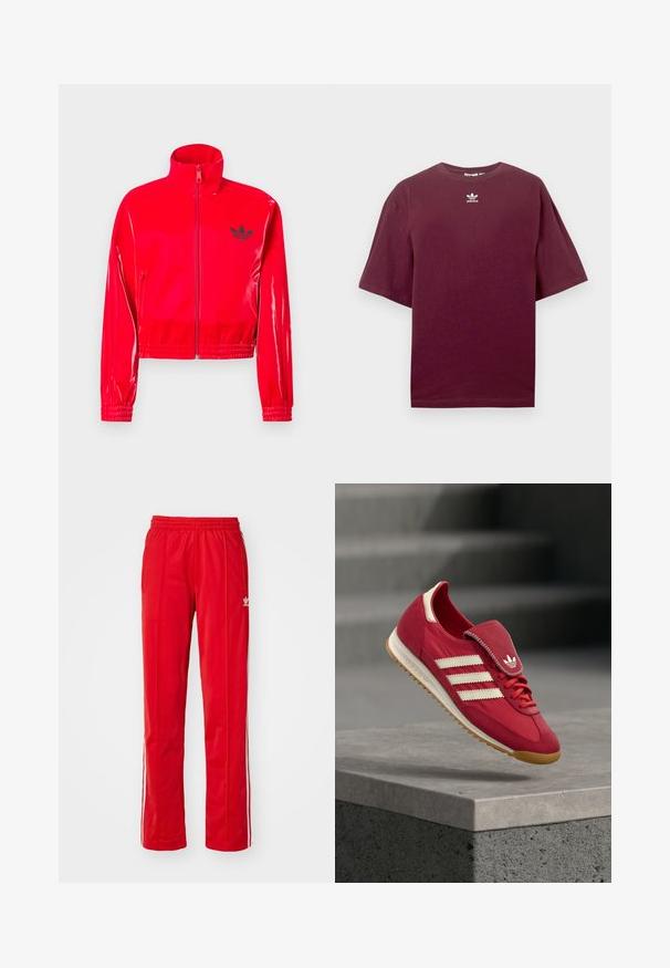 Röd, glansig jacka med dragkedja och hög krage. Har elastiska muddar och fåll, prydd med en liten svart logotyp på bröstet.; Vinröd bomulls-t-shirt med rund hals och korta ärmar, med en vit Adidas-logotyp centrerad på bröstet. Slät textur.; Röda träningsbyxor med elastisk midja, sidofickor och vita sidostrickor. Tillverkade av lätt och slätt tyg. Har logodetaljer.; Röd sportig sko med överdel i mocka och tyg, vitt mönster med tre ränder, vadderad tunga och sula i gummimaterial. Flytande på en betongyta.