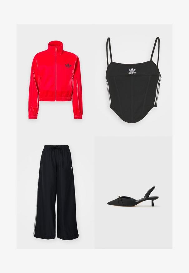 Raudona, blizgi striukė su užtrauktuku ir aukštu apykakle. Apmušta elastinėmis rankogaliais ir apačia, ant krūtinės puikuojasi mažas juodas logotipas.; Juodas juostuotas trumpas viršus su reguliuojamomis plonomis petnešomis, puikuojantis trimis baltomis juostelėmis šonuose ir mažuoju balto Adidas logotipu centre.; Juodi plačios kojos keliai, pagaminti iš lengvos medžiagos. Yra elastinė juosmens juosta su raišteliu ir baltomis šoninėmis juostelėmis. Prekės ženklo logotipas ant klubų.; Juodi slingback aukštakulniai su smailiu nosiu, audinio viršus, kaspinu ant viršugalvio ir žemu, cilindriniu kulnu.