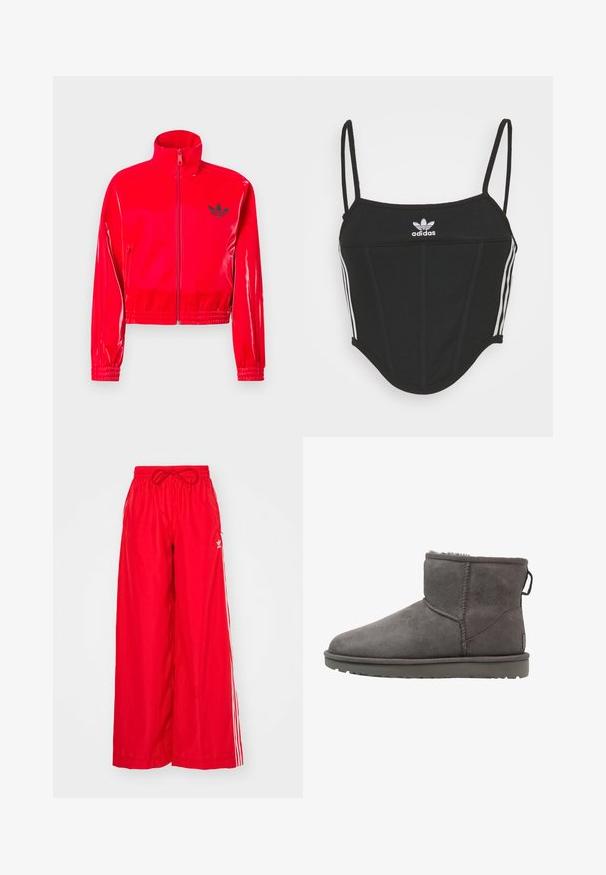 Giacca rossa lucida con zip e collo alto. Presenta polsini e orlo elasticizzati, accentuati da un piccolo logo nero sul petto.; Crop top nero a coste con spalline sottili e regolabili, caratterizzato da tre strisce bianche sui lati e un piccolo logo Adidas bianco al centro.; Pantaloni larghi rossi realizzati in tessuto leggero, con strisce laterali bianche e una vita elastica con coulisse.; Stivale alla caviglia in suede grigio con punta rotonda, foderato in pelliccia sintetica e suola piatta in gomma. Presenta un'etichetta del logo e cuciture a vista.
