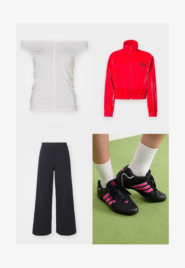 Red, glossy, zip-up jacket with a high collar. Features elasticated cuffs and hem, accented by a small black logo on the chest.; White off-the-shoulder top, gathered side detailing, soft fabric, fitted design, and a straight neckline.; Black wide-leg sweatpants made from soft fabric, featuring an elastic waistband and a small logo on the left side.; Black athletic shoes with three pink stripes, textured leather upper, black laces, and logo detail, paired with white ribbed socks on green surface.