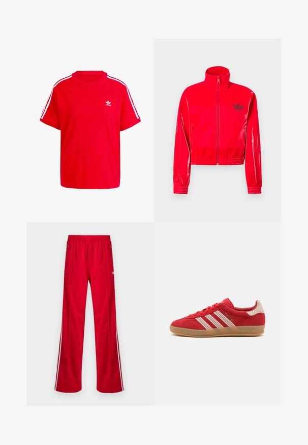 Raudona, blizgi striukė su užtrauktuku ir aukštu apykakle. Apmušta elastinėmis rankogaliais ir apačia, ant krūtinės puikuojasi mažas juodas logotipas.; Raudona medvilninė marškinė su apvaliūniais iškirpėmis, trumpomis rankovėmis, baltomis trimis juostomis ant pečių ir mažyčiu baltu logotipu ant krūtinės.; Raudonos sportinės kelnės laisvo silueto, su elastiniu liemeniu, dviem šoniniais kišenėmis ir baltais šoninės juostos. Pagamintos iš glotnaus sintetinio audinio.; Raudoni zomšiniai sportbačiai su baltais dryžiais ir tekstūriniais akcentais, guminis padas, raištelių užsegimas ir siuvinėti detalės šone.