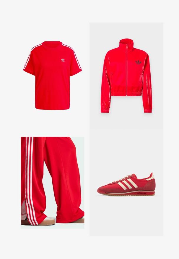 Raudona, blizgi striukė su užtrauktuku ir aukštu apykakle. Apmušta elastinėmis rankogaliais ir apačia, ant krūtinės puikuojasi mažas juodas logotipas.; Raudona medvilninė marškinė su apvaliūniais iškirpėmis, trumpomis rankovėmis, baltomis trimis juostomis ant pečių ir mažyčiu baltu logotipu ant krūtinės.; Raudoni sportiniai kelnių su baltais juostelėmis šoninėse dalyse, laisvo kirpimo ir su užtrauktuku apatinėje dalyje. Dėvimi su šviesių spalvų sportiniais batais.; Raudoni sportiniai bateliai su tekstūruotu paviršiumi, trimis baltais dryžiais, apvalia nosimi ir guminėmis padais, su logotipo detalėmis šone.