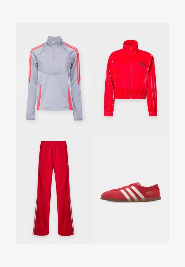 Red, glossy, zip-up jacket with a high collar. Features elasticated cuffs and hem, accented by a small black logo on the chest.; Light grey athletic jacket with pink accents, high collar, and zippered front. Features three stripes on each sleeve and textured design.; Red athletic pants with a loose fit, elastic waistband, two side pockets, and white side stripes. Made from smooth, synthetic material.; Red suede sneaker with white three-stripe design, flat outsole, and gold logo detail. Low-cut design with rounded toe and lace-up closure.