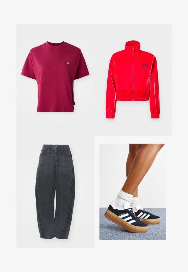 Piros, fényes, cipzáras kabát magas gallérral. Rugalmas mandzsettákkal és szegéllyel rendelkezik, a mellrészen kis fekete logóval díszítve.; Feszes szabású, sötétvörös, rövid ujjú póló kerek nyakkivágással és kis, színes márkalogó folttal a bal mellen.; Laza fekete farmernadrág, elhalványodott felülettel, öt zsebbel, derék gombos záródással és varrásokkal az elején és az oldalán.; Fekete velúr sportcipő fehér csíkokkal és díszítésekkel, lekerekített orral, gumitalpú külső résszel, fehér bordázott bokazoknival párosítva.