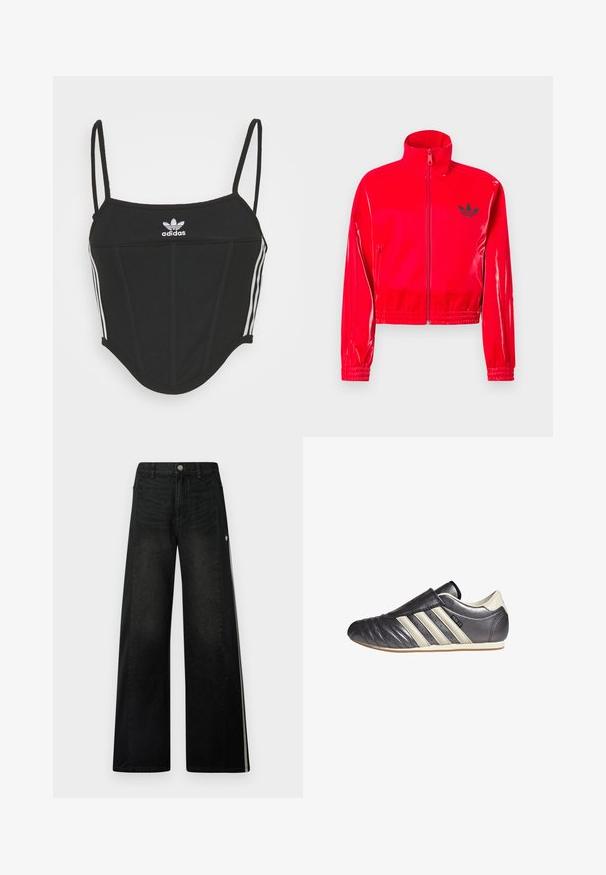 Casaco vermelho brilhante com fecho de correr e gola alta. Apresenta punhos e bainha elásticos, acentuados por um pequeno logótipo preto no peito.; Top crop preto canelado com alças finas ajustáveis, apresentando três riscas brancas nas laterais e um pequeno logótipo branco da Adidas ao centro.; Jeans pretos de perna larga com painéis laterais contrastantes em preto. Apresentam uma textura denim clássica, fecho com botão prateado e riscas de destaque em branco.; Sapatilha atlética em couro preto e cinza, com biqueira arredondada, design tipo slip-on e três riscas brancas de destaque na lateral. Sola de borracha plana.