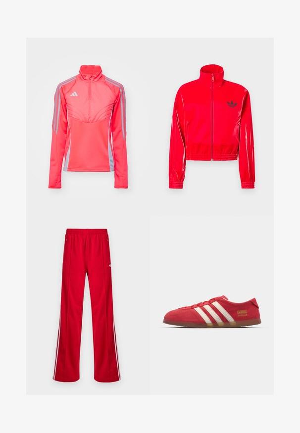 Červená, lesklá bunda na zip s vysokým límcem. Má elastické manžety a spodní lem, zdobené malým černým logem na hrudi.; Růžová sportovní mikina s vysokým límcem, zipem na krku a šedými bočními pruhy. Má strukturované švy a přiléhavý design.; Červené sportovní kalhoty s volným střihem, elastickým pasem, dvěma bočními kapsami a bílými pruhy po stranách. Vyrobené z hladkého syntetického materiálu.; Červené sametové tenisky s bílým designem tří pruhů, plochou podrážkou a zlatým logem. Nízký střih s kulatou špičkou a šněrováním.