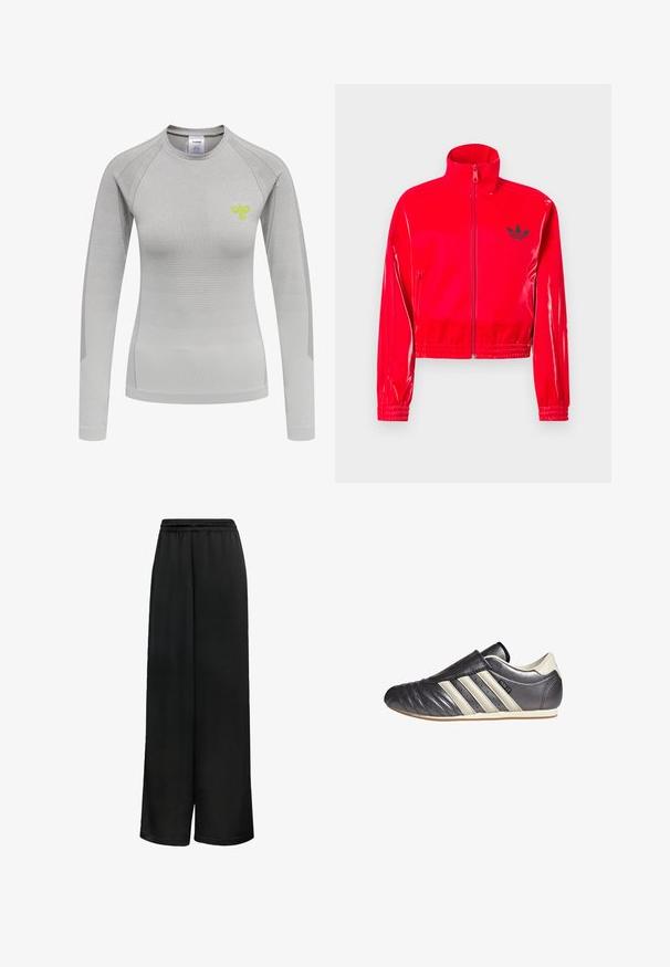 Rote, glänzende Jacke mit Reißverschluss und hohem Kragen. Verfügt über elastische Bündchen und Saum, akzentuiert durch ein kleines schwarzes Logo auf der Brust.; Helles graues Langarmshirt mit taillierter Passform, strukturiertem Stoff und kleinem grünen Bienenlogo auf der Brust.; Schwarze weite Hosen aus glattem Stoff, mit einem elastischen Bund und lockerer Passform für Komfort. Keine ausgeprägten Muster oder Akzente.; Schwarzer und grauer Ledersneaker mit runder Zehenform, einem Slip-On-Design und drei weißen Akzentstreifen an der Seite. Flache Gummisohle.