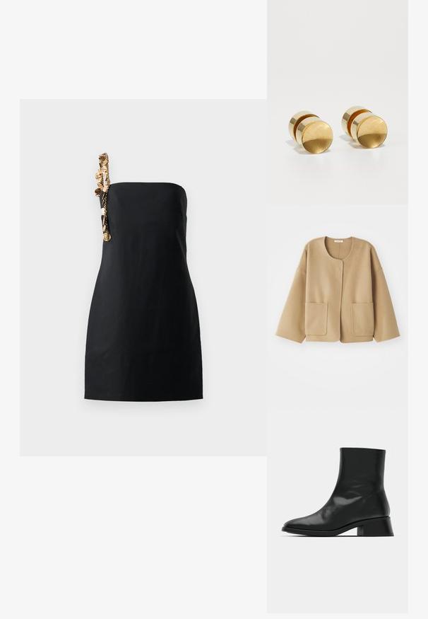 Bež jakna od mješavine vune s okruglim izrezom, spuštenim ramenima i dva prednja džepa. Jednostavan, opušten dizajn s glatkom teksturom.; Crna mini haljina sa strukturiranim, ravnim krojem i dekorativnim detaljem zlatne boje na jednom ramenu. Glatka tekstura tkanine.; Crna rebrasta majica bez rukava s okruglim izrezom i izvezenim bijelim logotipom. Ima uski kroj i čist, ravan rub.; Crne gležnjače od sjajne kože, s elegantnim dizajnom, šiljatim vrhom i umjerenom blok petom za stabilnost.; Crna torba s tkanim uzorkom u krem boji. Ima gornju ručku, podesivu traku, zlatni hardver i strukturirani pravokutni oblik.; Zlatne metalne naušnice jednostavnog okruglog oblika, s glatkom površinom i središnjim poliranim pojasom. Mjere otprilike 1 cm u promjeru.