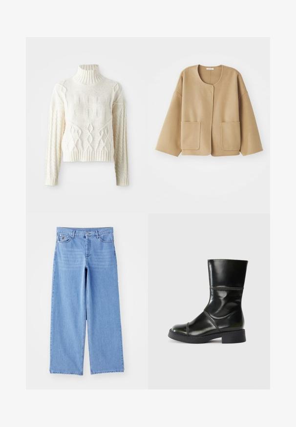 Beige, ullblandad jacka med rund halsringning, sänkta axlar och två framfickor. Enkel, avslappnad design med en mjuk textur.; Stickad krämfärgad tröja med hög ribbad krage, med texturerade mönster och flätstickade detaljer på ärmarna och kroppen. Kort, figurnära stil.; Ljust blå vida jeans i denim, med en klassisk femficksdesign och knappgylf. Slät textur, trasig nederkant.; Svart läderankelkänga med rund tå, slät yta, kontrasterande sömmar och en blockklack, med en något avsmalnande silhuett.