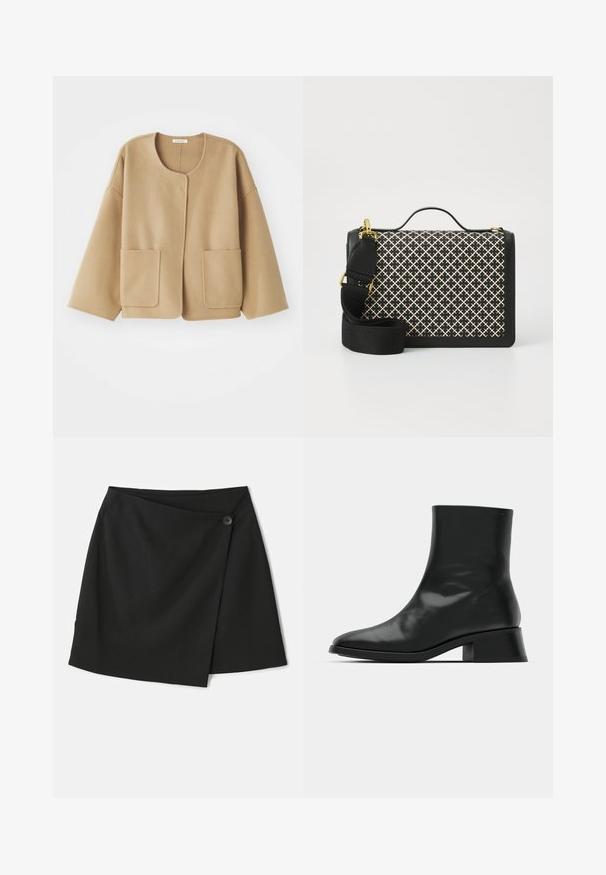 Beige, Wolle-Mischung Jacke mit Rundhalsausschnitt, fallenden Schultern und zwei Fronttaschen. Einfaches, lässiges Design mit glatter Textur.; Schwarzes, geripptes Tanktop mit rundem Ausschnitt und weißem, gesticktem Logo. Es zeichnet sich durch eine taillierte Silhouette und einen sauberen, geraden Saum aus.; Schwarzer Wickelrock aus glattem Stoff, mit asymmetrischem Design und seitlichem Knopfverschluss für zusätzliche Details.; Schwarze Ankle Boots aus glänzendem Leder, mit einem eleganten Design, spitzer Zehenpartie und einem moderaten Blockabsatz für Stabilität.; Schwarze Handtasche mit einem gewebten Muster in Creme. Verfügt über einen tragbaren Griff, einen verstellbaren Riemen, goldene Beschläge und eine strukturierte rechteckige Form.; Goldene Metallohrringe in einfacher runder Form mit einer glatten Oberfläche und einem zentralen polierten Band. Durchmesser von ca. 1 cm.