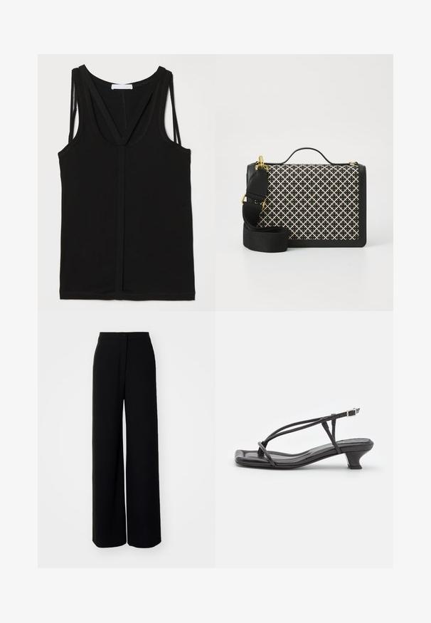 Beige vilnas maisījuma žakete ar apaļu kakla izgriezumu, nolaižamajām plecu daļām un divām priekšējām kabatām. Vienkāršs, brīvs dizains ar gludu tekstūru.; Melna bezmugurkaļa topa uzvalks no mīksta auduma, ar dziļu kakla izgriezumu un krustu jostām. Izstrādāts ar pieguļošu siluetu un gludām šuvēm.; Melnas platās bikses ar augstu jostasvietu, gludu audumu, priekšējo pogu aizdari un bez redzamām kabatām, ar pieguļošu piegriezumu.; Melnas ādas sandales ar plānām siksniņām, zemu blokveida papēdi un kvadrātveida deguniem. Ar sprādzi un gludu tekstūru.; Melnā rokas soma ar izšūtu rakstu krēmkrāsā. Tajā ir augšējā rokturis, regulējams siksniņas, zelta aksesuāri un strukturēta taisnstūra forma.; Zeltaini metāla auskari ar vienkāršu apaļu formu, ar gludu apdari un centrālu pulētu joslu. Diametrs aptuveni 1 cm.